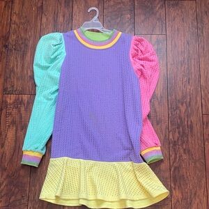 QUEEN OF SPARKLES Purple and Pink Sweater Dress with Puff Sleeves